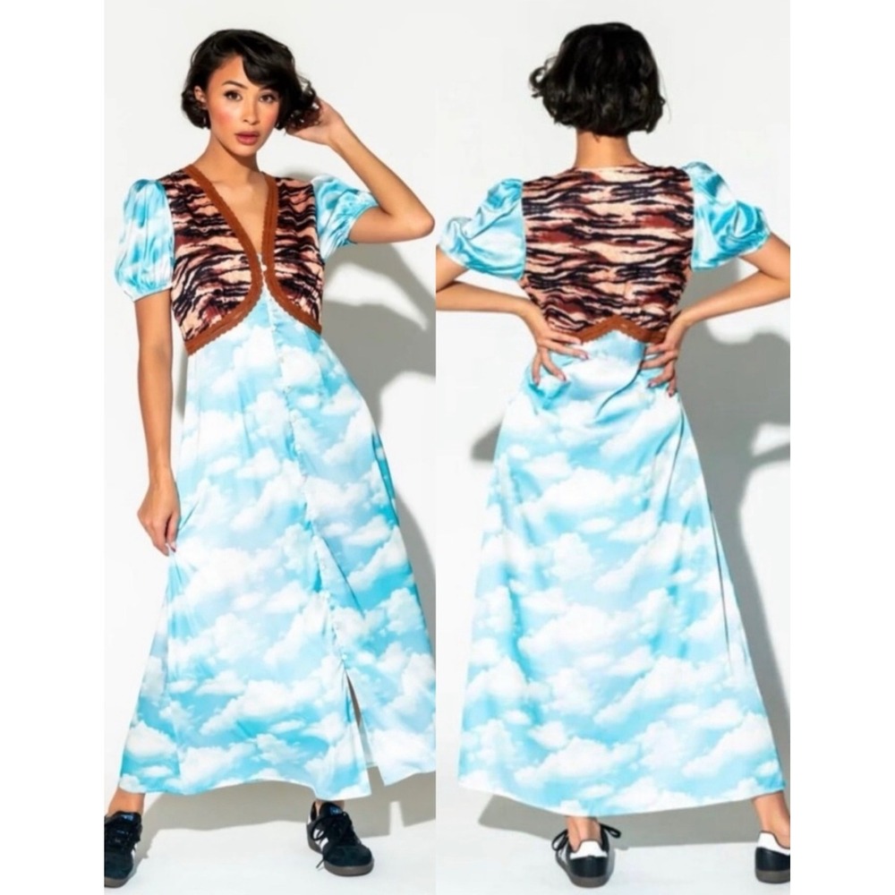 Dressed in LALA Tiger Cloud Print Maxi Dress Blue Brown Lace Large NWT